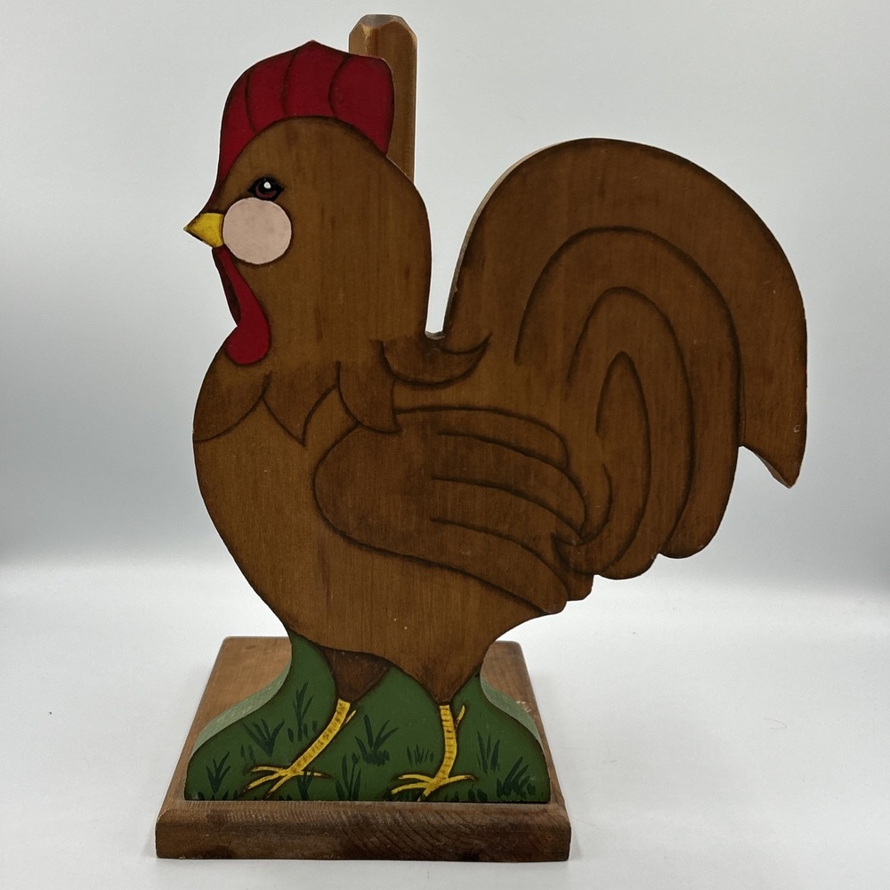 Vintage Wooden Rooster Paper Towel Holder Grandma Core Farmhouse Free Standing